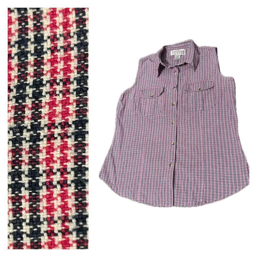 Vintage 1990s Houndstooth Plaid Cotton Sleeveless Shirt / Medium ^